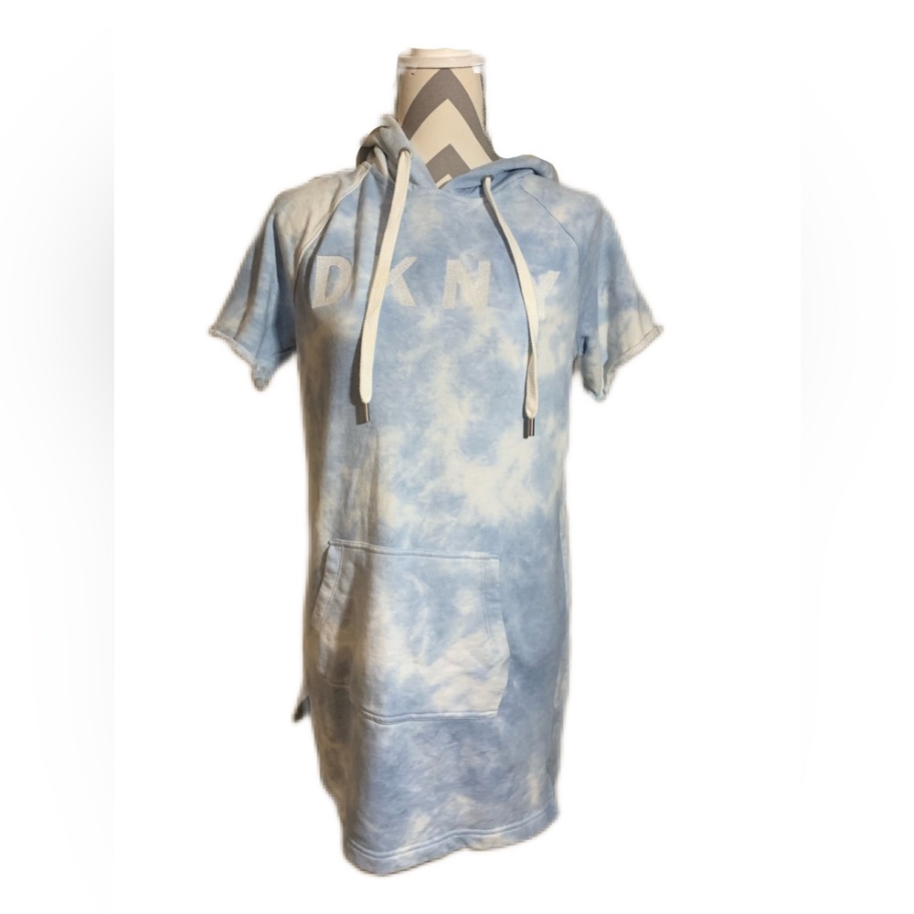 DKNY Sport Hooded Sweatshirt Dress in Light Blue and White